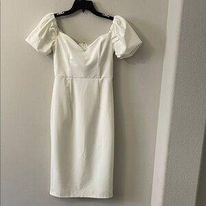 Lulu's Elegant White Puff Sleeve Midi Dress